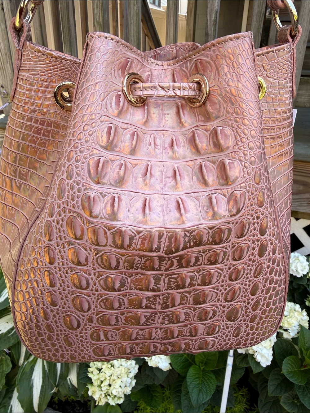 Brahmin Melinda Croc Embossed Rose Gold Melbourne Bucket Shoulder Crossbody Bag - Picture 9 of 12